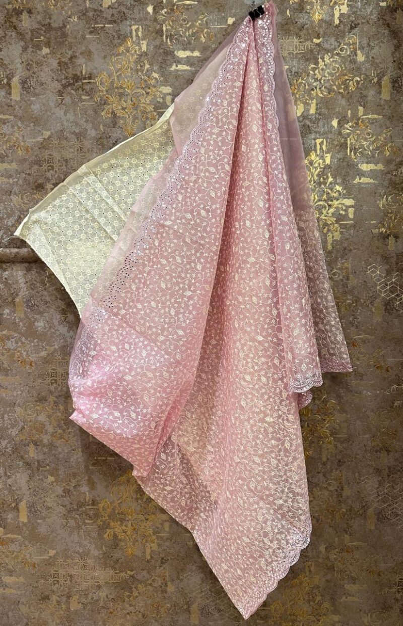 Baby pink pure organza saree with heavy hand embroidery - Image 2