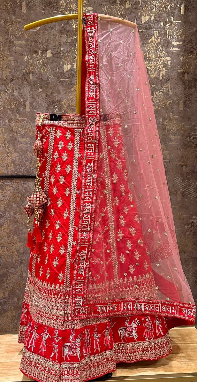 Brick red embroidered semi bridal lehenga