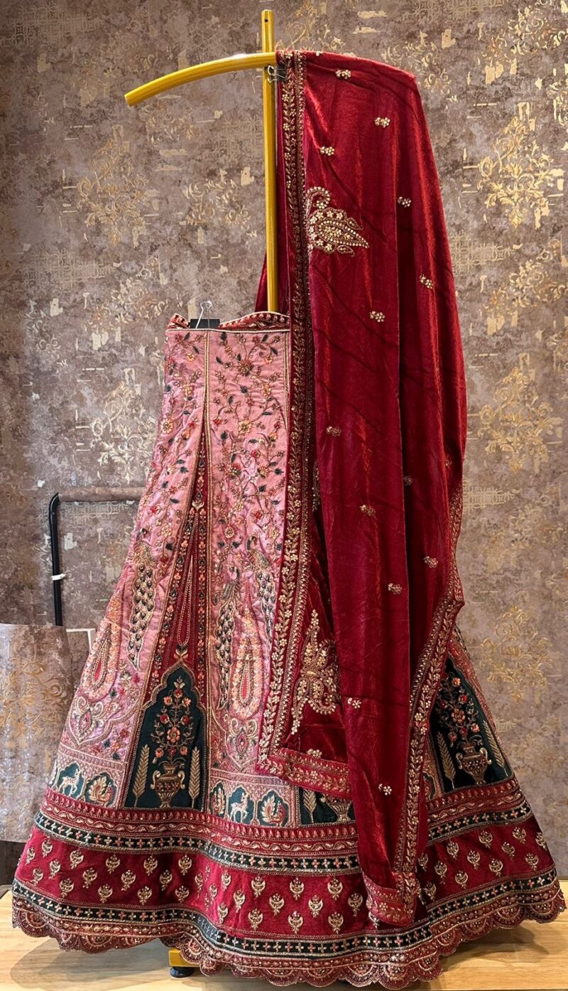 Baby pink with green and maroon combination velvet bridal lehenga