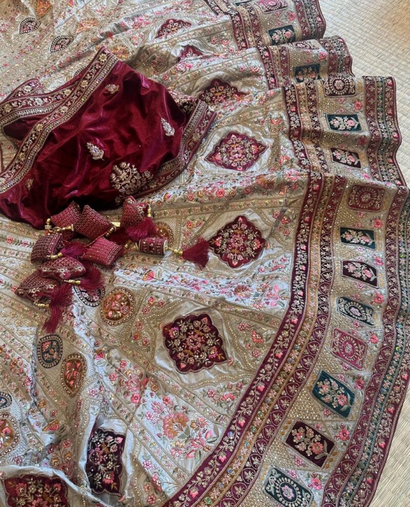 Beautiful maroon with cream hand embroidered Lehengha - Image 2