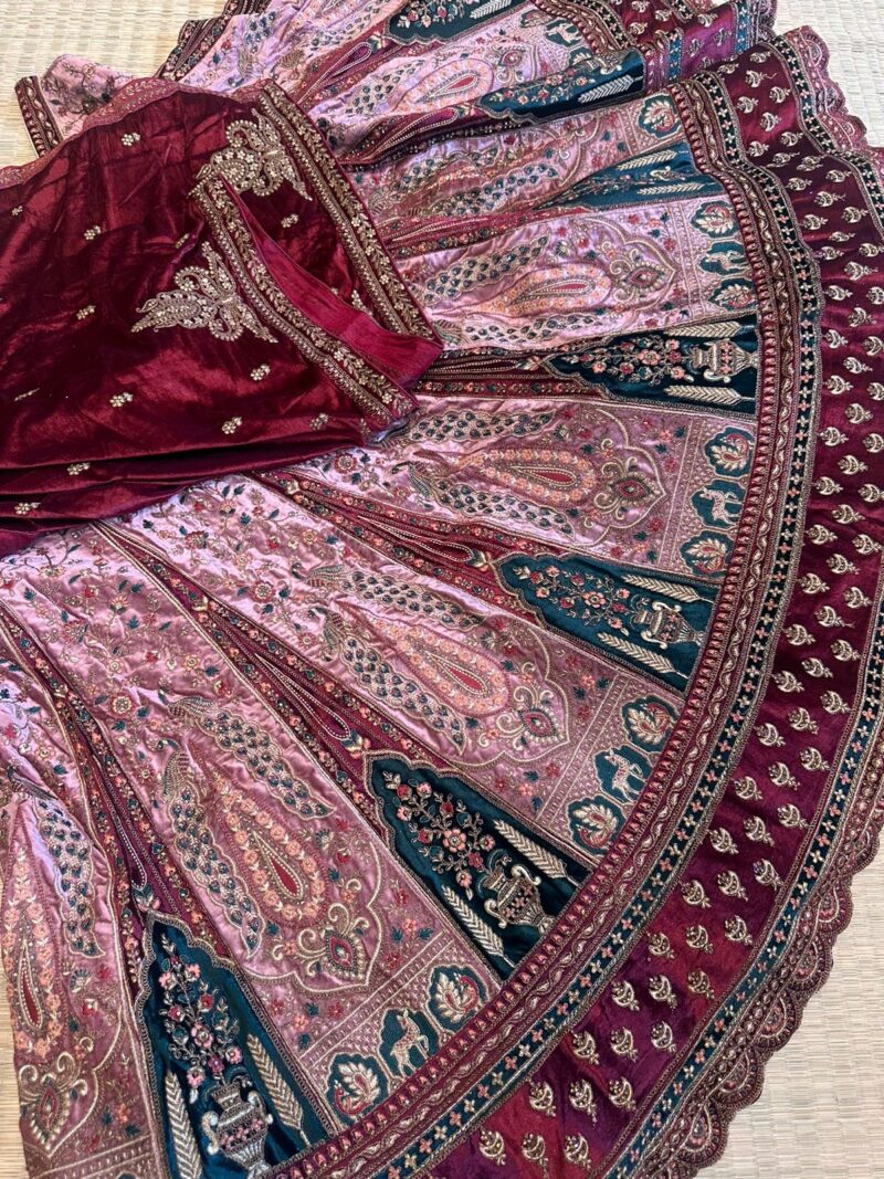 Baby pink with green and maroon combination velvet bridal lehenga - Image 2