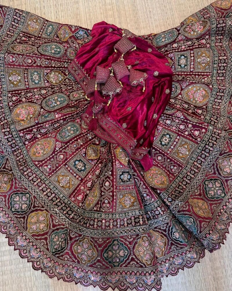 Multi coloured velvet bridal lehenga - Image 2