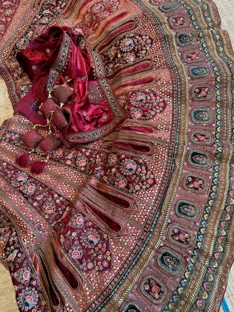 Red and baby pink hand embroidered velvet bridal lehenga - Image 2